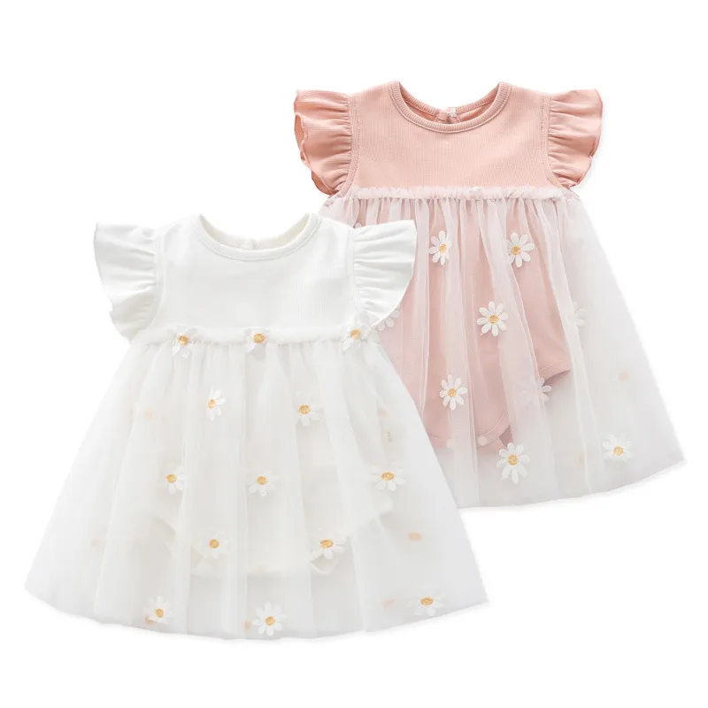 Sommar baby klänning kort ärm fast färg blommor mönster vävskjol