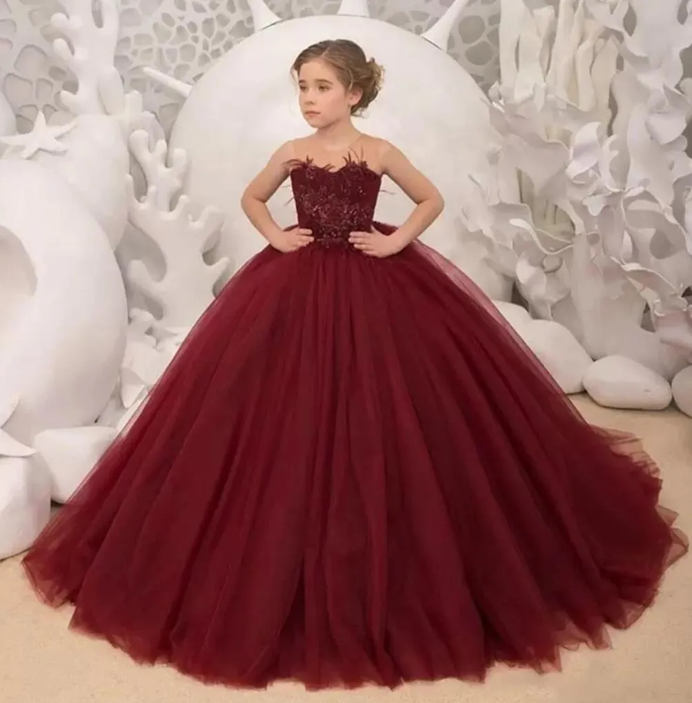 Niedliche 2023 Burgunderrote Blumenmädchenkleider Erstkommunionkleider für Mädchen Ballkleid Hochzeitsfestkleid Kinderabendkleid BC12806 A0322