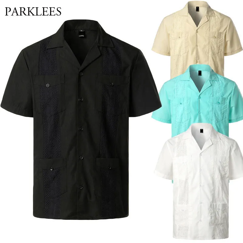 Chemises décontractées pour hommes Col à revers Cubain Guayabera Chemise Hommes Manches courtes Casual Boutonné Broderie Chemises pour hommes Chemise de couleur unie respirante douce 230322