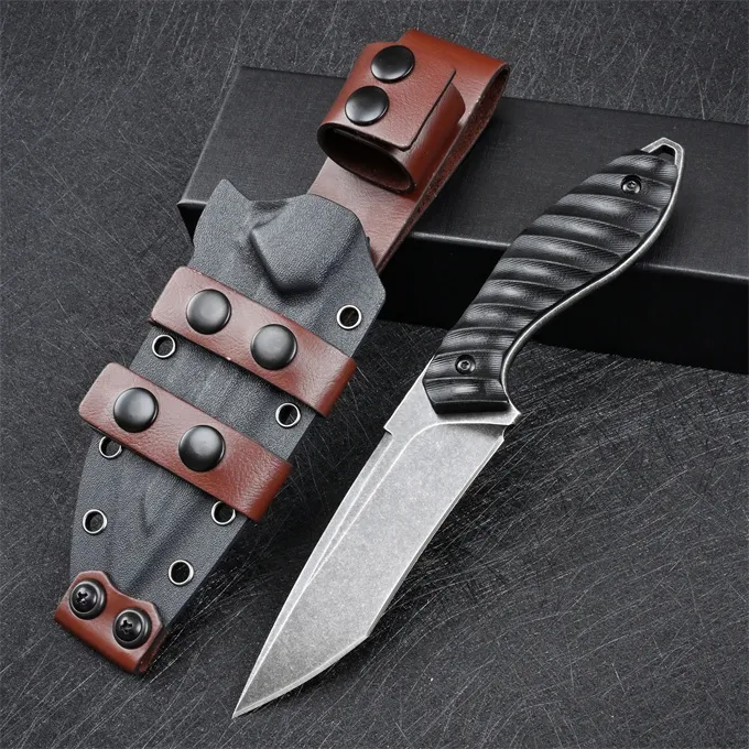 Factory Price High Quality M2 Survival Straight Knife Z-wear Stone Wash/Satin Tanto Blade Full Tang Black G10 Handle Fixed Blade Knives With Leather Kydex