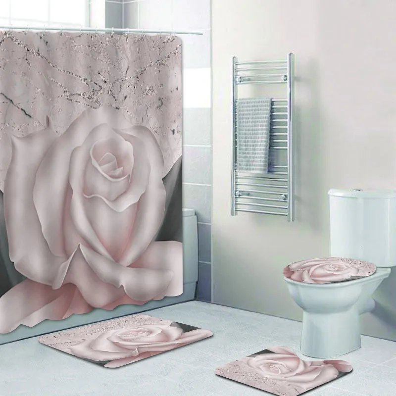 Shower Curtains 3D White Rose Shower Curtain Set Elegant Modern Chic Roses Floral Bath Curtain for Bathroom Mats Rugs Carpet Home Decor 180x200 230322