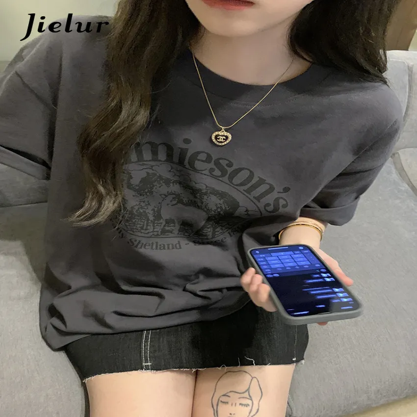 Men's T-Shirts Jielur Letter Print Female T-shirt Summer Fashion Loose T Shirts Women Short Sleeve Cool Young BF Harajuku Top Dark Grey