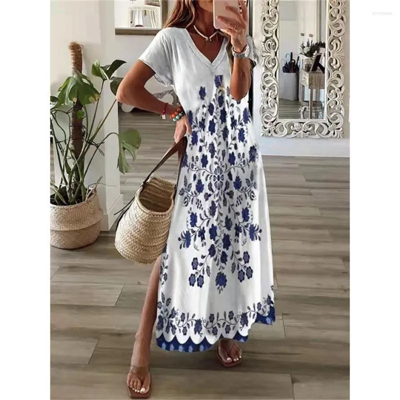 Robes décontractées 2023 Été 3D Fleur Imprimer Robe Bohème Femmes Manches courtes Maxi Dames Col V Vêtements Lâches