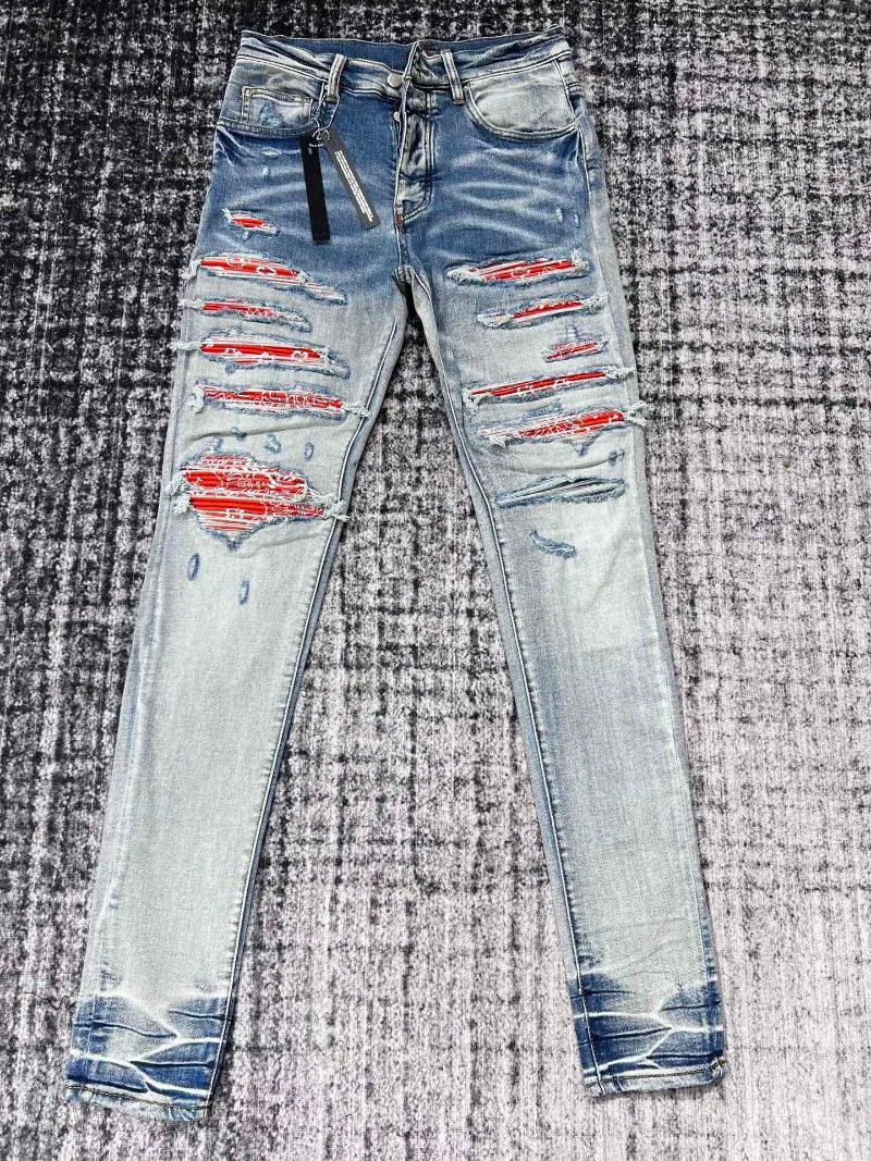 Distressed Denim Jeans: Red Bandana Patch Design, Trendy