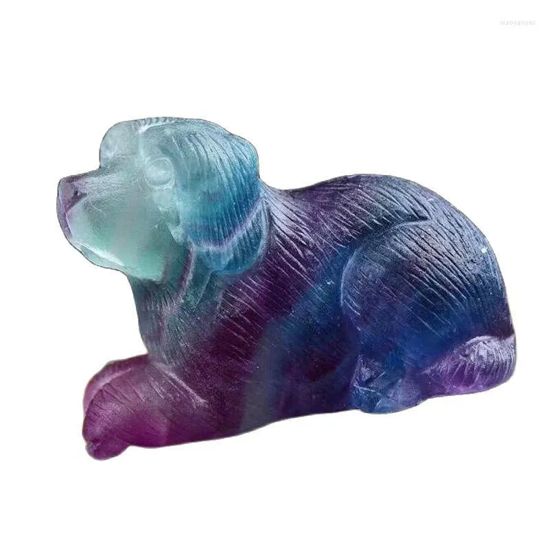 Dekorativa figurer naturliga färgglada fluoritkristall hund hand snidade skulptur hem dekorationer festival gåva