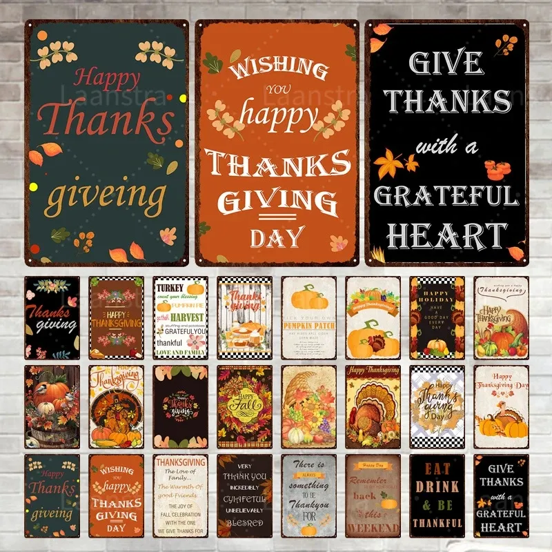Vintage Happy Thanksgiving Metal Plate Wall Decor Tin Signs Plaque Iron Posters Man Cave Bar Club Decoration Painting 30X20cm W03