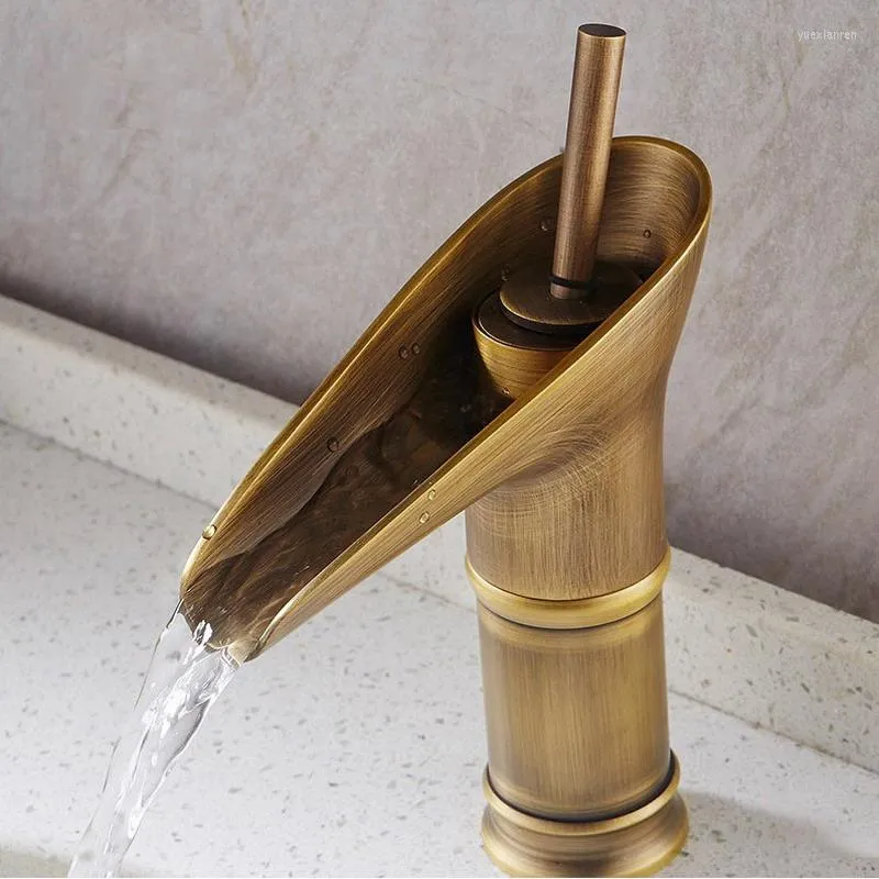 Bathroom Sink Faucets Antique Brass Single Handle Lever Hole Deck Mounted Waterfall Faucet Vessel Basin Mixer Tap Aan052