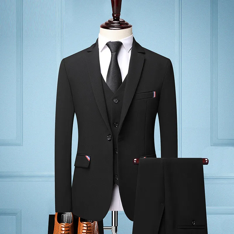 メンズスーツブレザー高品質のブレザーベストズボンメンズブリティッシュスタイルエレガントファッションシンプルなビジネスパーティーカジュアル紳士3ピーススーツ230322
