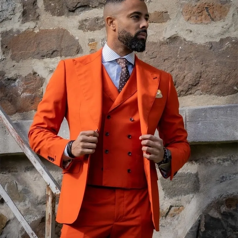 Men's Suits Blazers Custom Made Men Dark Orange Groom Tuxedos Lapel Groomsmen 3 Pieces Set Wedding Jacket Pants Vest 230321