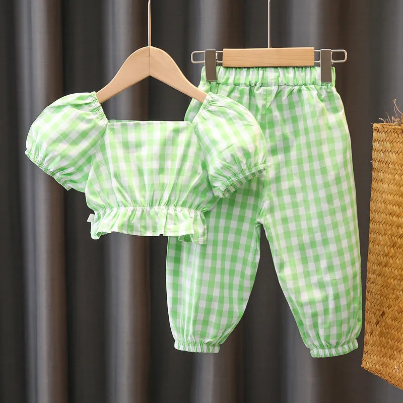 Completi di abbigliamento Vestiti estivi da bambina per bambini Completi per bebè per bambini Completi di pantaloni corti scozzesi per bambini Vestiti per ragazze sottili freschi 230322