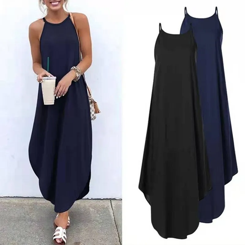 Casual jurken vrouwen kleden zomer informele mouwloze retro halter stevige strand lange jurk ronde nek sling mode strand kleding plus maat 230322