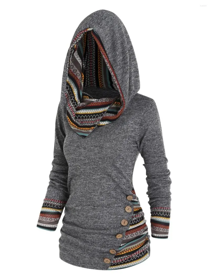 Women's Sweaters Dressfo Winter Tribal Geometric Stripe Knitwear Panel Hooded Knit Top Long Sleeve Mock Button Knitted For Women 2023