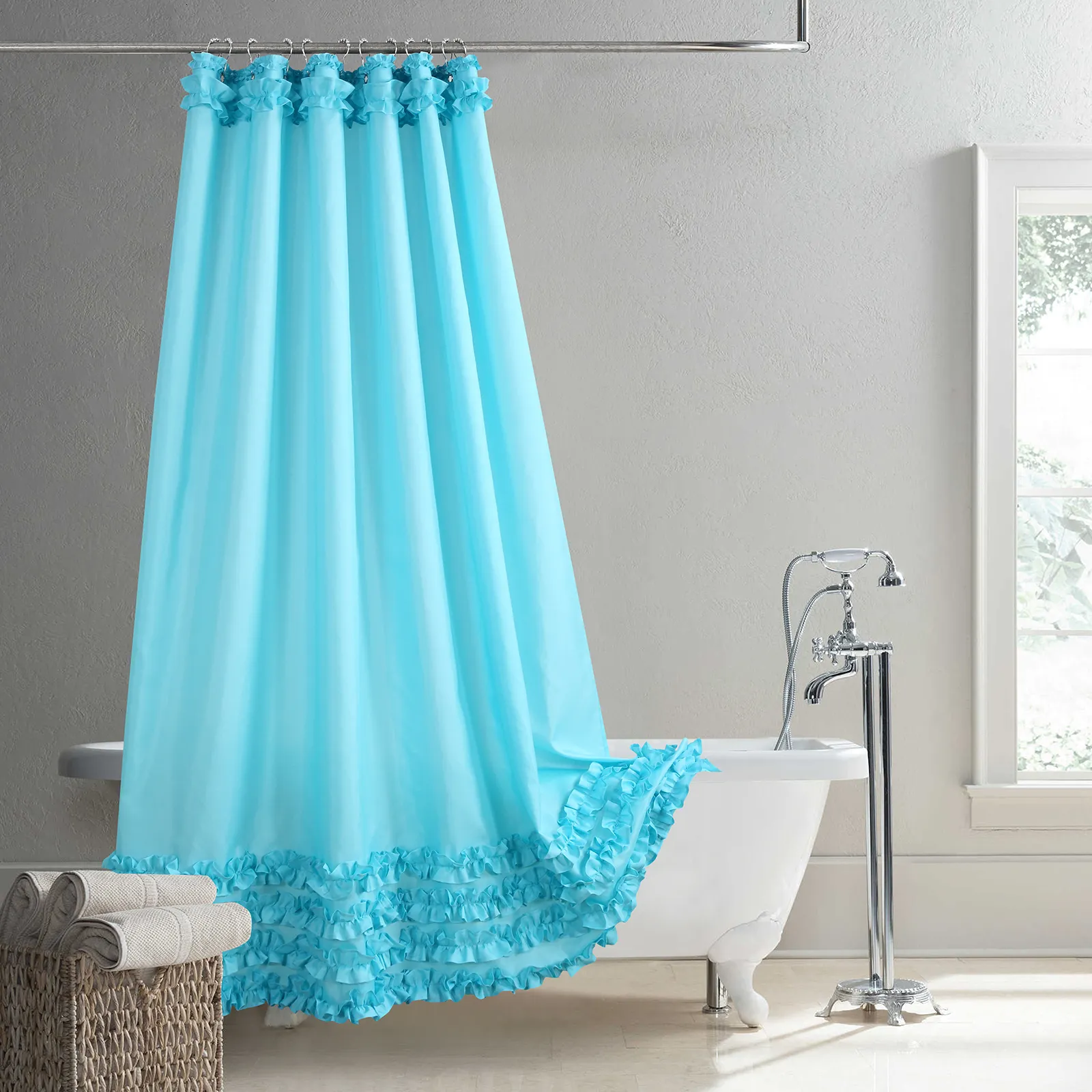 Zasłony prysznicowe Ruffled Blue Nowoczesna poliestrowa wodoodporna tkanina Solidna dekoracje wiejska zasłona prysznicowa 230322