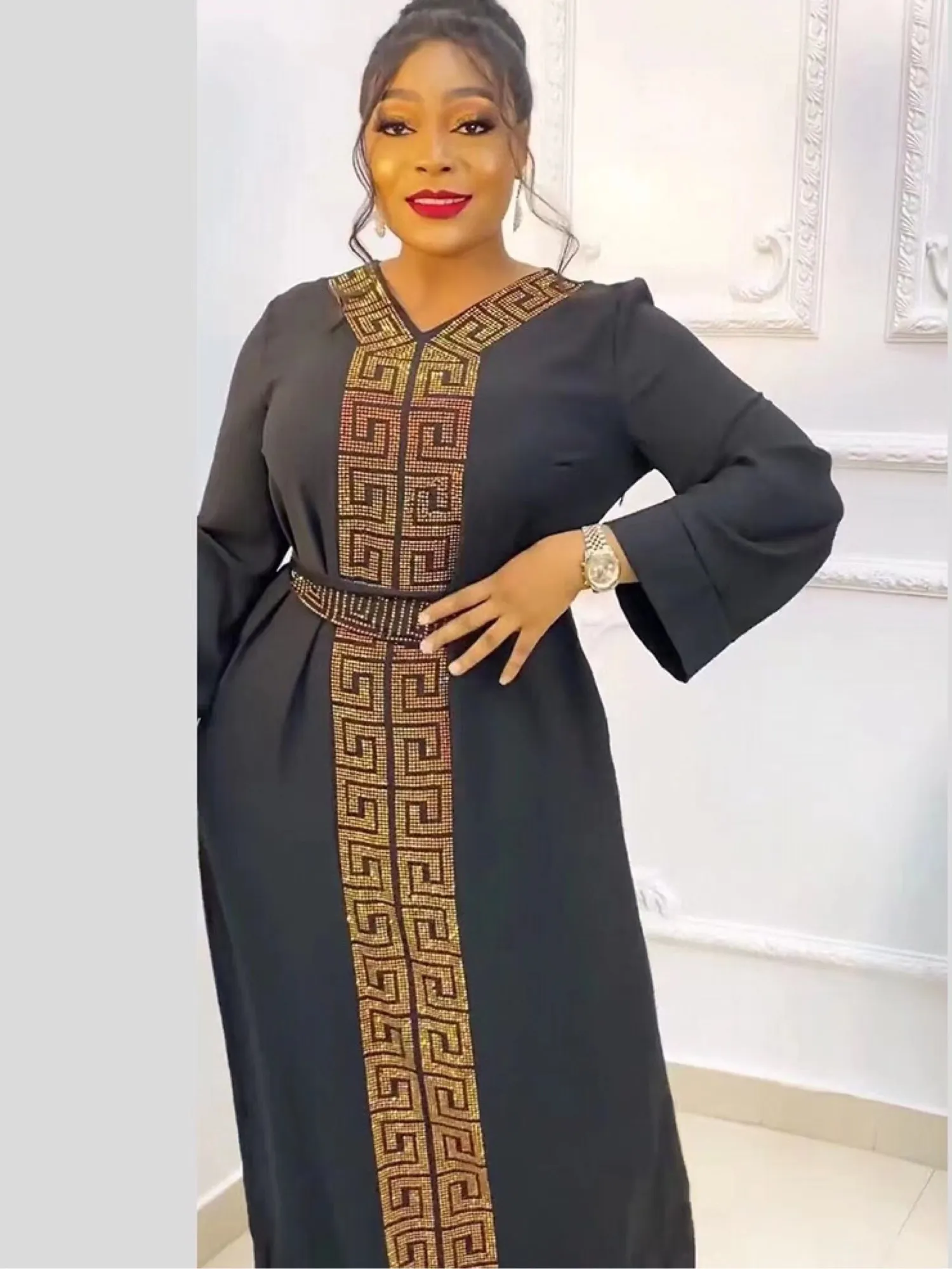 Ethnic Clothing African Autumn Abaya For Women Dubai Islamic Dress Black Diamonds Long Sleeve Arab Muslim Evening Dress Party Clothing 230322