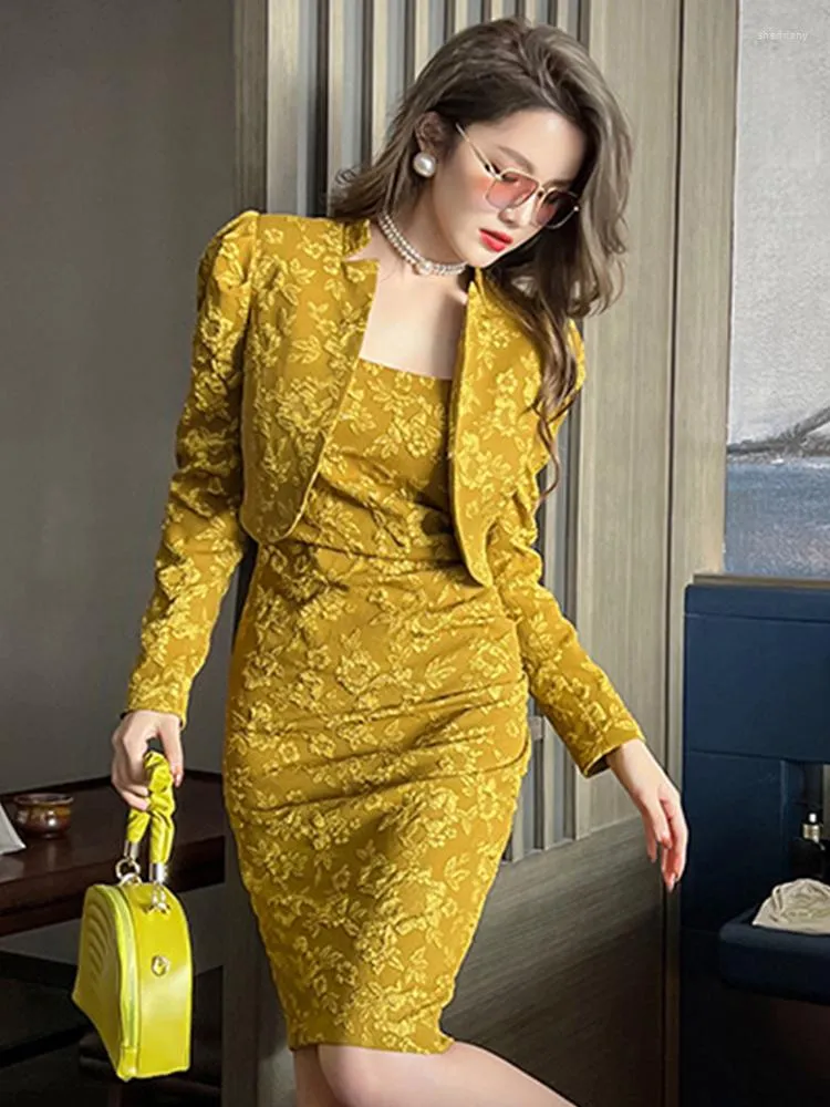 Elegant Jacquard Embroidered Dress Set For Women Autumn Winter