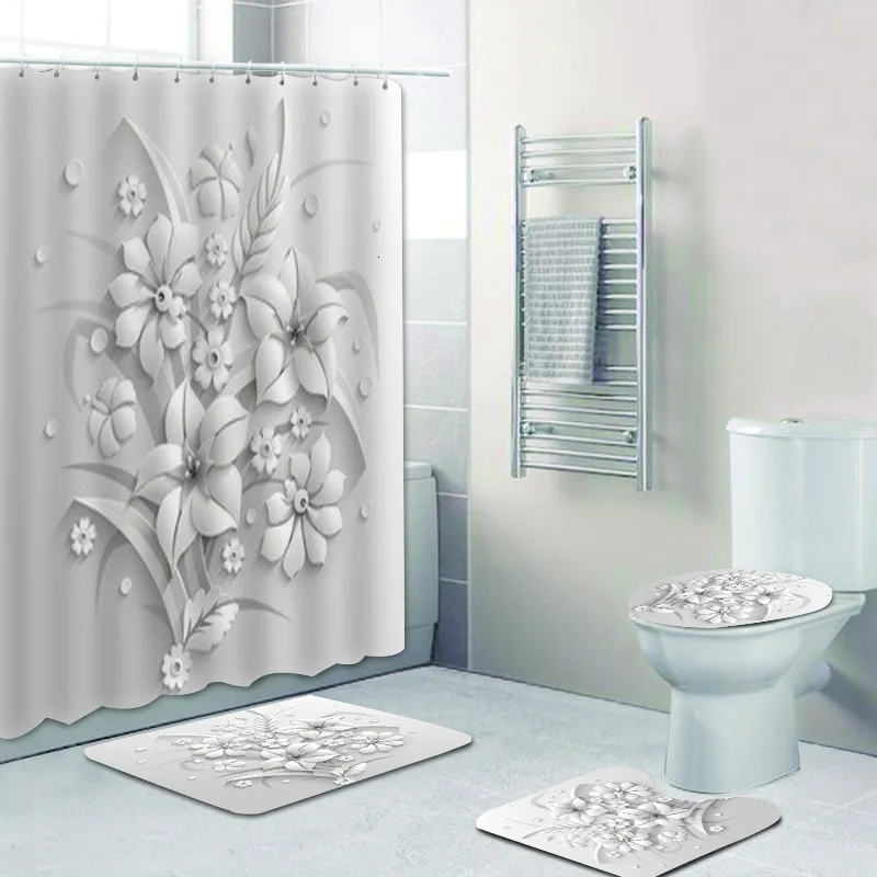 Tende da doccia Elegante bouquet di fantastici fiori bianchi Tenda da doccia in stile 3D Tenda da bagno con tappeto da bagno Set di tappeti Decorazioni per la casa floreali 230322