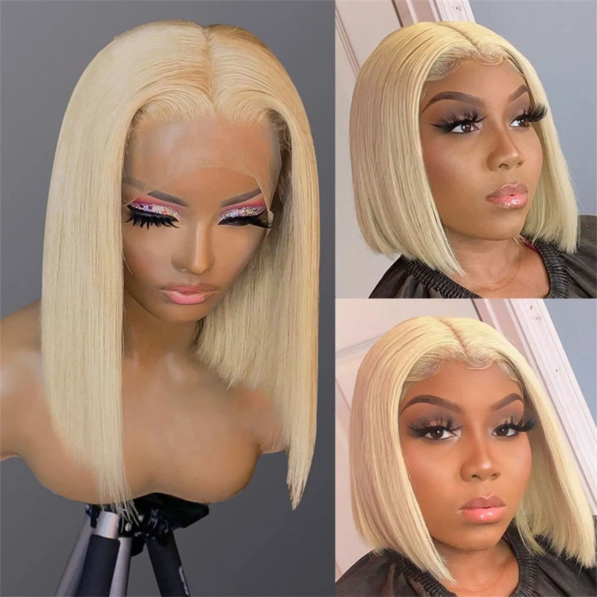 Mettre en évidence les cheveux humains court Bob perruques miel blond brun fermeture brésilienne synthétique avant de lacet perruque pour les femmes