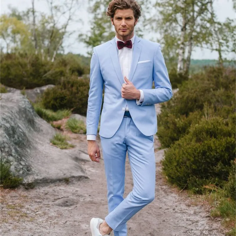 Мужские костюмы Blazers Роскошные 2 штуки мужское свадебное костюм Slim Fit Lyxedos Late Late Formal Business Sky Blue Suits Blazerpants 230322