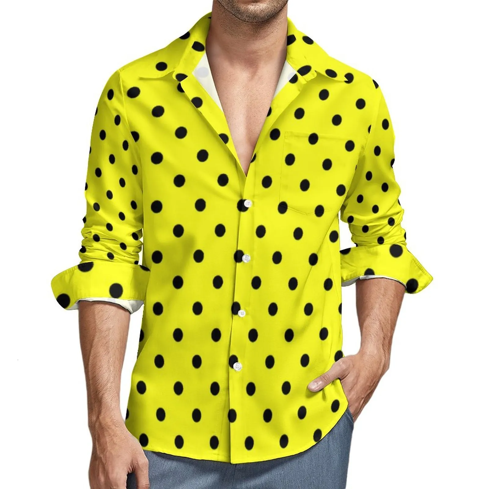 Casual shirts voor heren gele polka stip shirt herfst zwarte vlekken afdrukken casual shirts harajuku blouses lange mouw print kleding plus maat 230322