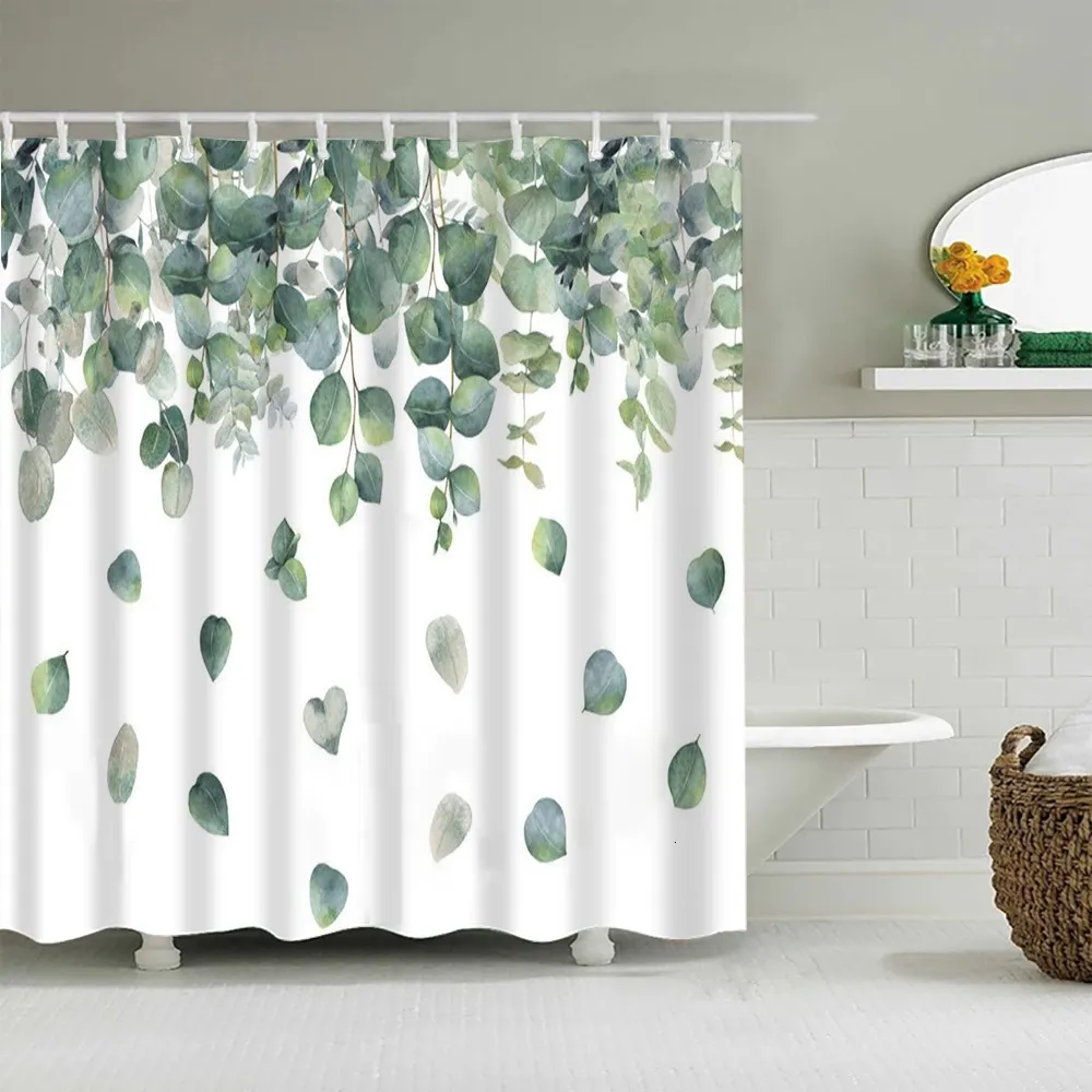 Shower Curtains Green Plant Leaves Shower Curtain for Bath Waterproof Polyester Bathroom Curtain with Hooks 3D Printing Home Decor Bath Screens 230322