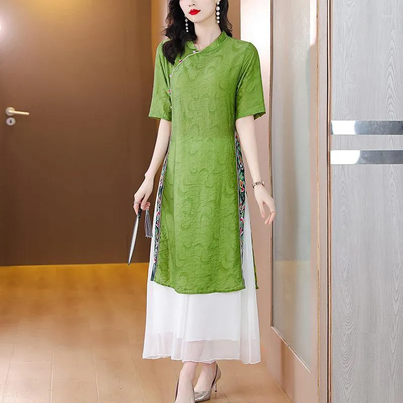 Женские брюки с двумя частями улучшены Aodai Plode Женский костюм 2023 Summer Fashion с коротким рукавом Qipao Tops и установите китайский наряд Z317