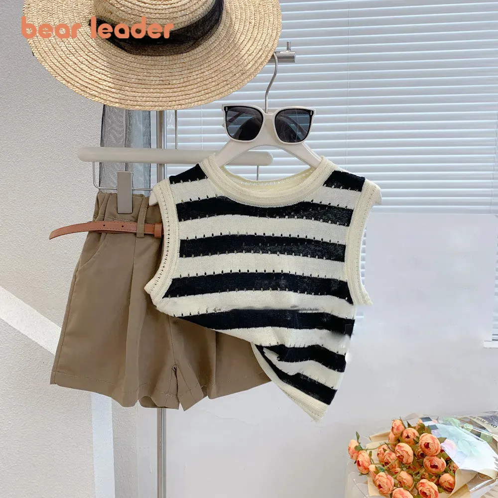 Clothing Sets Bear Leader Knit Girls Set Summer Striped Vest Khaki Skirt Pants Suit 2pcs Kids Fashion Outfits Casual Children Costume 230322