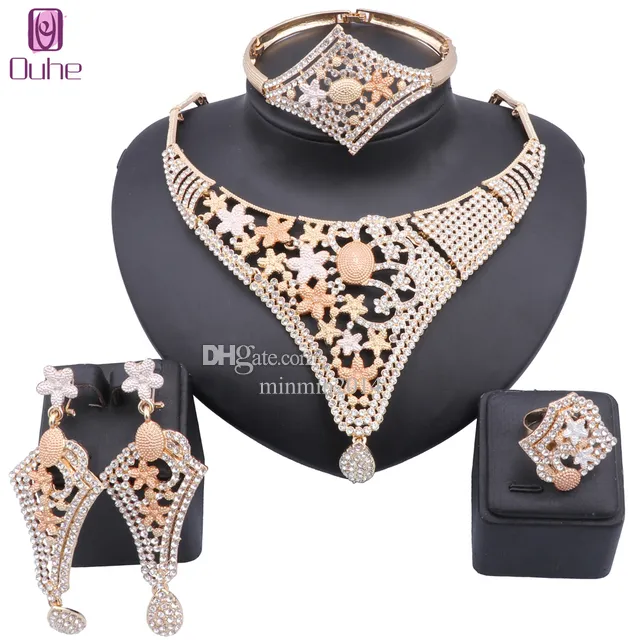 Luxus Dubai Gold Farbe Schmuck-Set Für Frauen Kristall Halskette Ohrringe Armreif Ring Set Braut Hochzeit Party Geschenk Schmuck