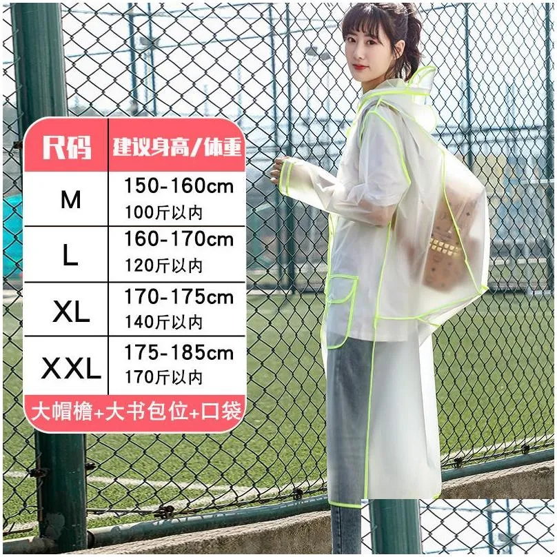 Rain Gear Fashion Women Transparent Plastic Girls Raincoat Travel Waterproof Rainwear Man Poncho Outdoor Coat Carry Backpack Drop De Dh2Lf