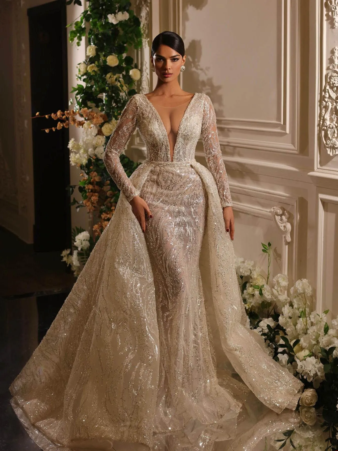 Elegant Mermaid Wedding Dress: Detachable Train, Sparkly Sequins