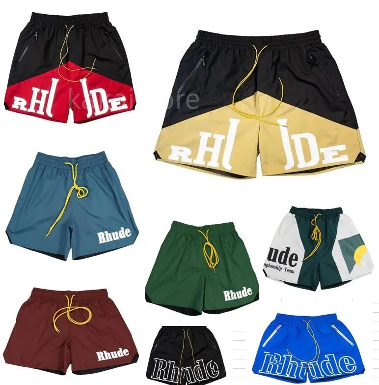 Designer Rhude Shorts Patchwork Cuir Broderie Mesh Tissu Alphabet Hommes Été Respirant Basketball Multi-poches Pop Gym Shorts