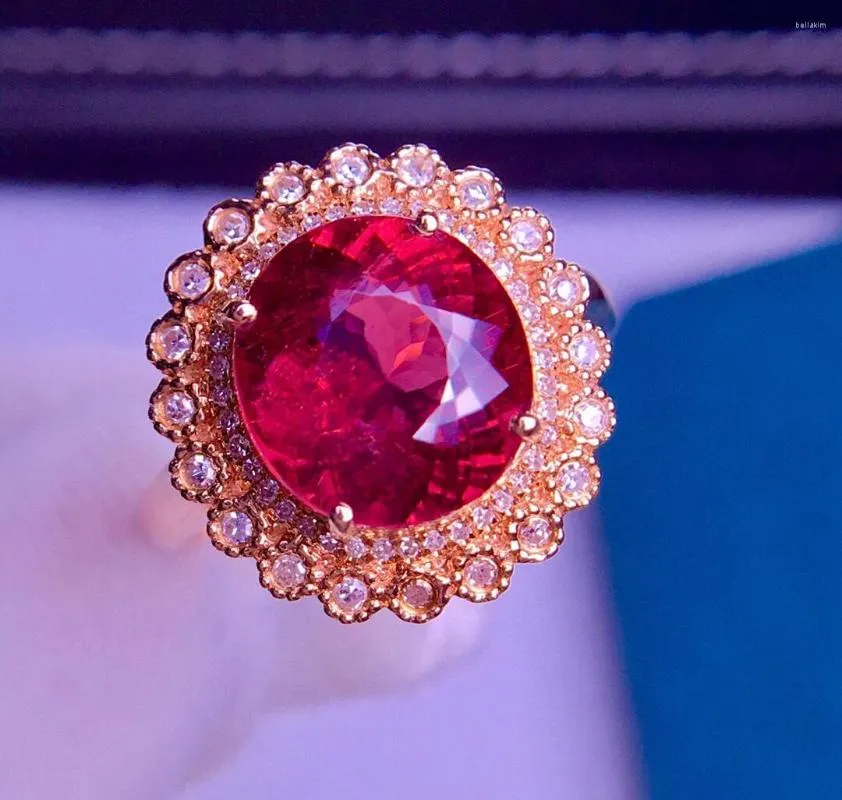 Klusterringar E515 Fina smycken Real 18K Rose Gold AU750 Natural Red Tourmaline Gemstone 4.2ct Kvinna för kvinnors ring