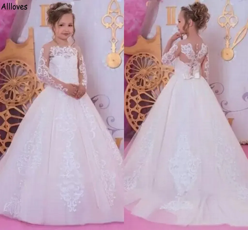 Pretty Lace Apliquesed Flower Girl Vestres com mangas compridas pescoço puro Princesa Tulle Ball vestido de festa para crianças meninas casamento Primeiro vestido de comunhão cl2055