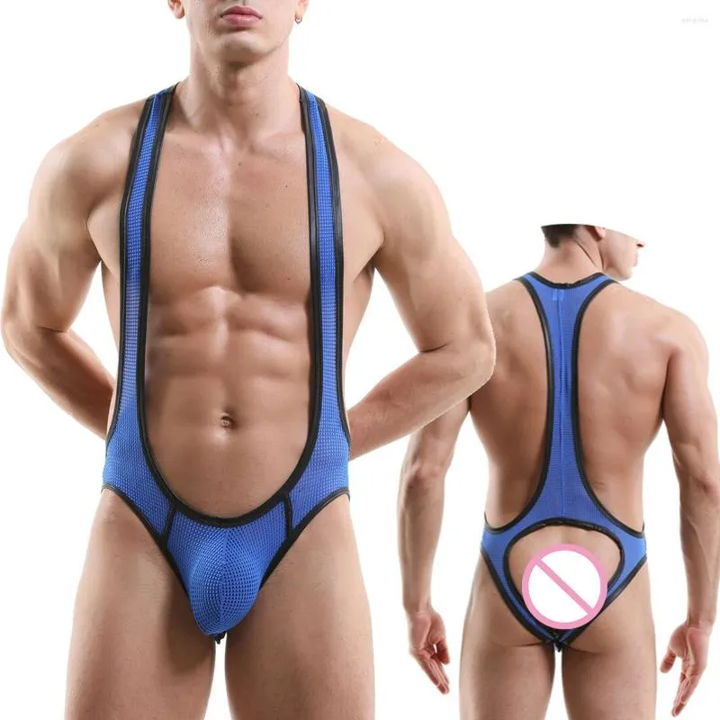 Sous-vêtements Sexy hommes dos nu Lingerie couleur unie sous-vêtements lutte Singlet body maille trou respirant combinaison débardeur