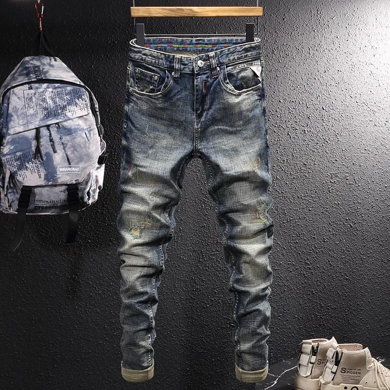 Men's Jeans European Vintage Fashion Men Retro Blue Elastic Slim Fit Ripped Embroidery Designer Casual Denim Pencil Pants