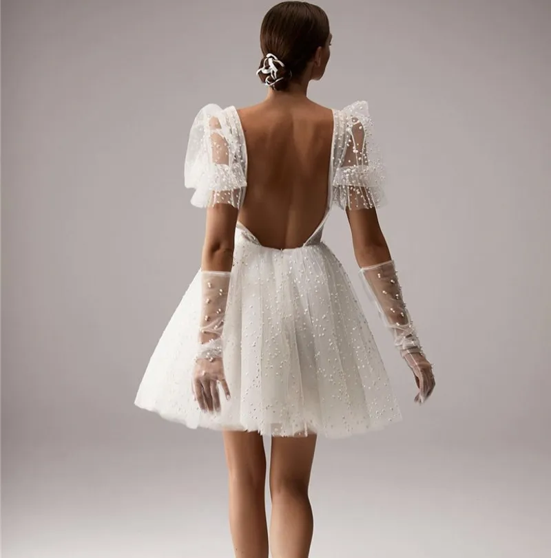 short wedding dress with puff sleeves Short Wedding Dresses With Detachable Puff Sleeve -