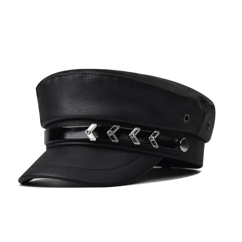 Berretti a sfera Ragazza PU Cappellini militari in pelle Primavera Autunno Cappelli da marinaio per donna Nero Grigio Flat Top Captain Cap Cappello da cadetto da viaggio 230321