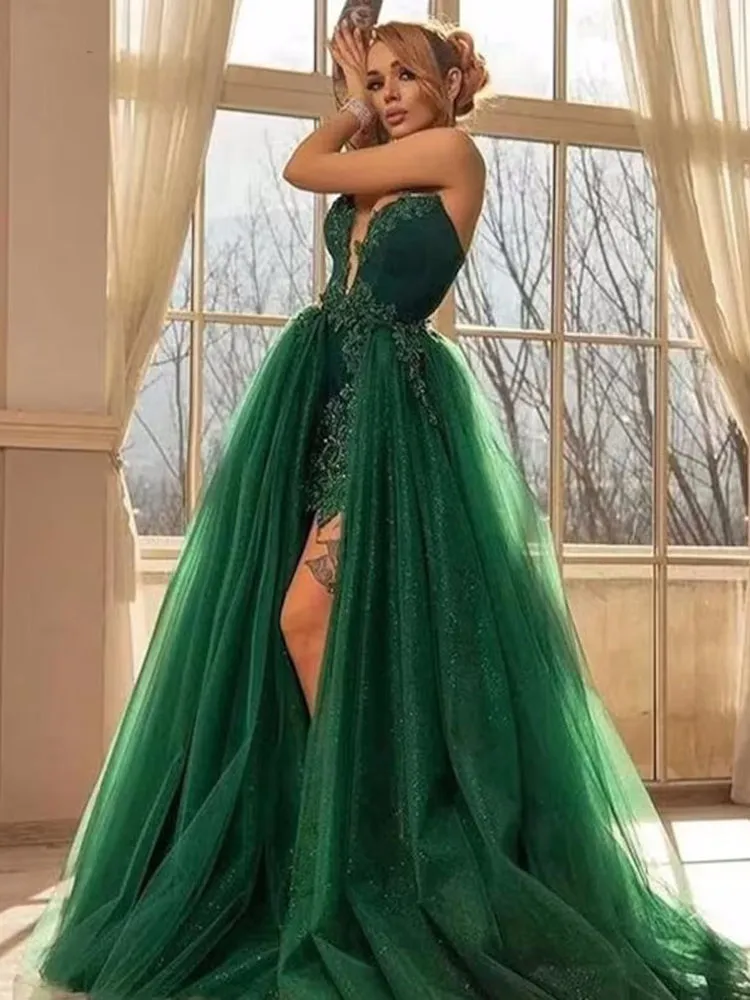 Stunning Dark Green Evening Dress Detachable Train Tulle with Applique Beads Prom Gowns