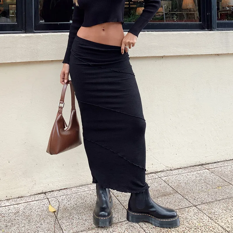 Юбки 90 -х годов винтажная черная высокая талия Bodycon Maxi Юбка шикарная женщина мода повседневная слабая карандаш длинная юбка Harajuku Streetwear 230322