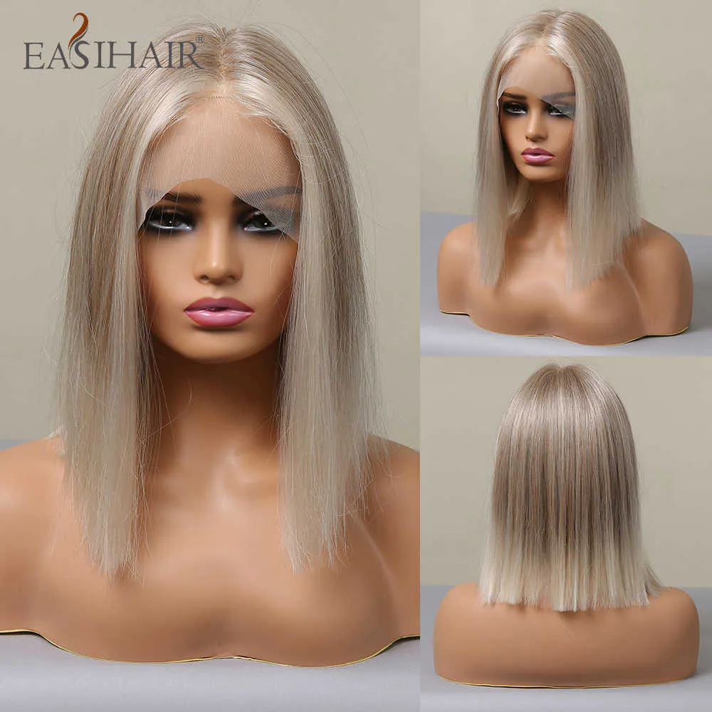 Synthetic Wigs Easihair Lace Front Wig Platinum Ombre Synthetic Hair Frontal Natural for Women Straight Heat Resistan 230227