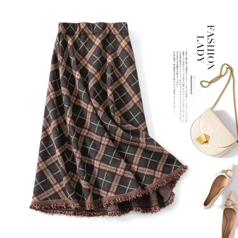 Skirts Knitted skirt in autumn and winter plus size long fat sister slightly slim tassel plaid Aline Q7123 230322