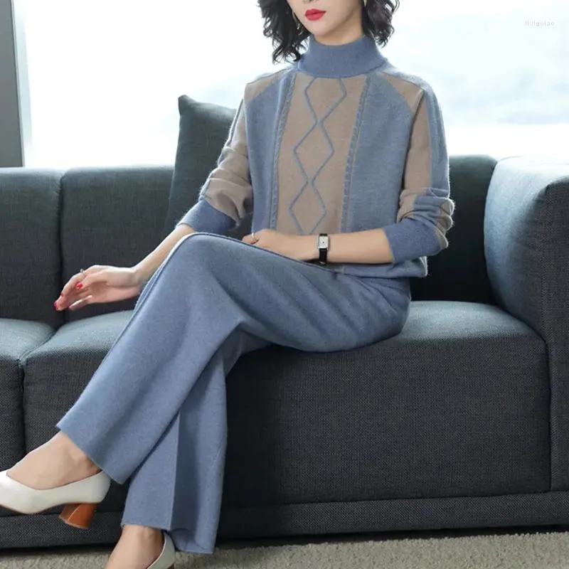 Women's Two Piece Pants Blue Patchwork Pattern Sweater Women Set Fashion Warm Turtleneck Tops Knitted Wide Leg Pant Suit Winter High Quality