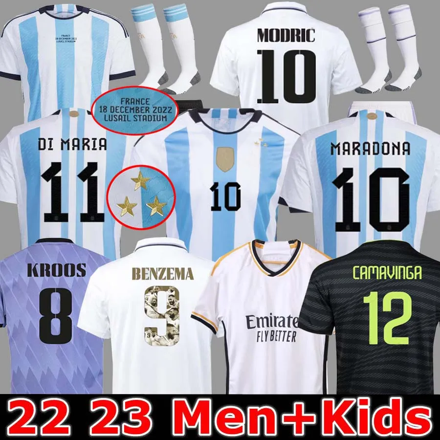 3 gwiazdki 2022 Koszulki z Argentyny Piłki Nożnej Realu Madryt Benzema Modric Vini Jr fanów Wersja Dybala Maradona Di Maria J. Alvarez Home Men Kids Football Shirt Messis