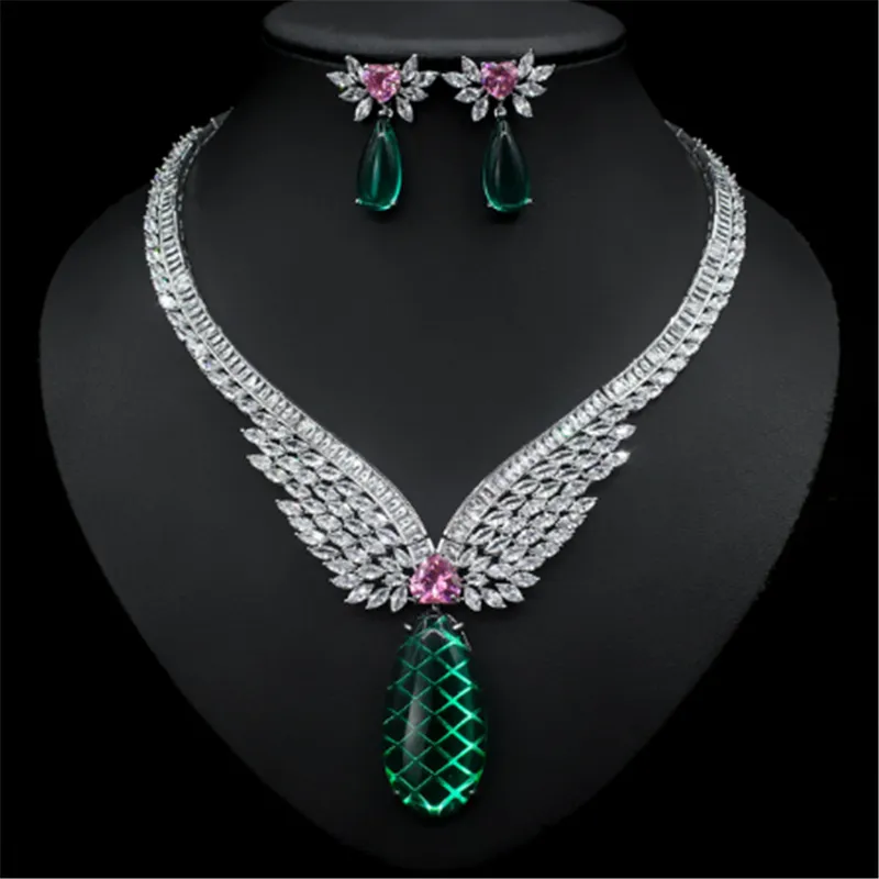 Vintage Lab Emerald Diamond Jewelry Set 14K White Gold Wedding Rings oorbellen ketting voor vrouwen bruids verloving sieraden cadeau