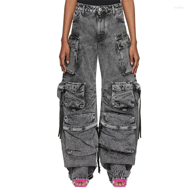 Women's Jeans Women Wide Leg Baggy Do Old Big Pockets Multi Purpuse Thick Loose Cargo Pants