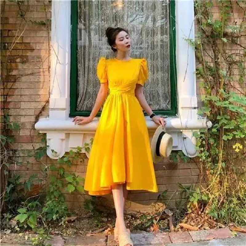 Party Dress Summer A-Line Knee-Length Yellow Puff Sleeve Satin Dress for  Women Ages 25-35