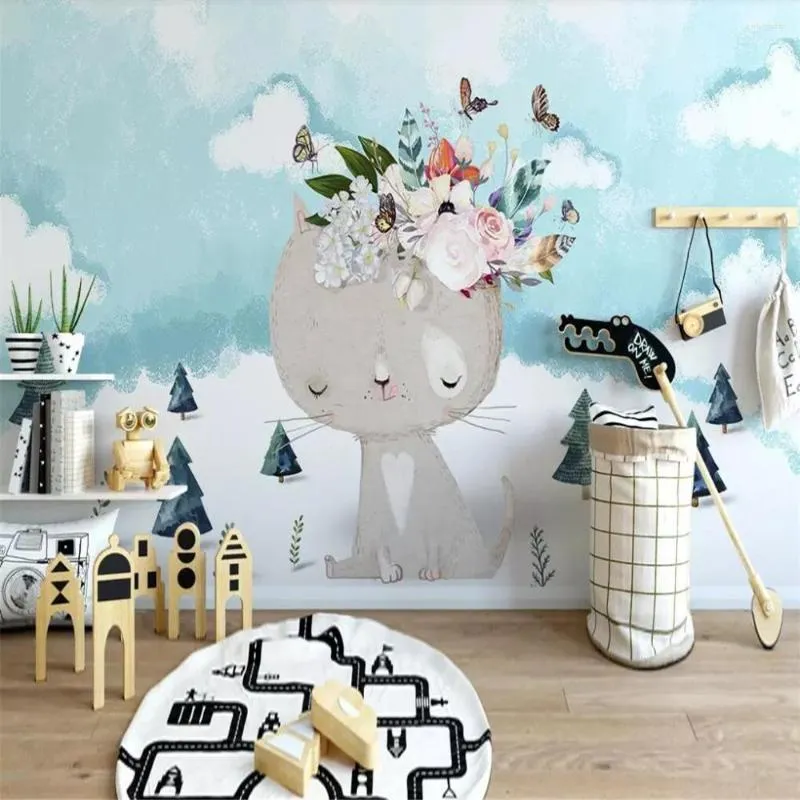 Wallpapers Benutzerdefinierte große 3D-Po-Tapete Nordic Modern Cartoon Kätzchen Blume Kinderzimmer Hintergrund Wanddekoration Tuch