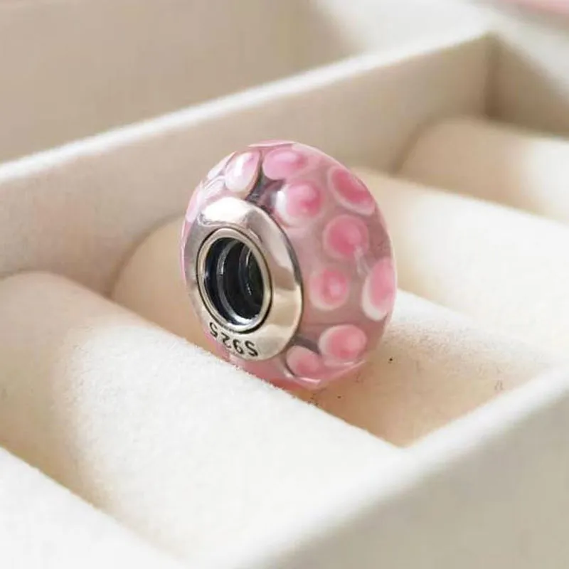 2 pezzi di perle di vetro di Murano in argento sterling 925 con puntini rosa adatti a collane di bracciali gioielli con ciondoli Pandora