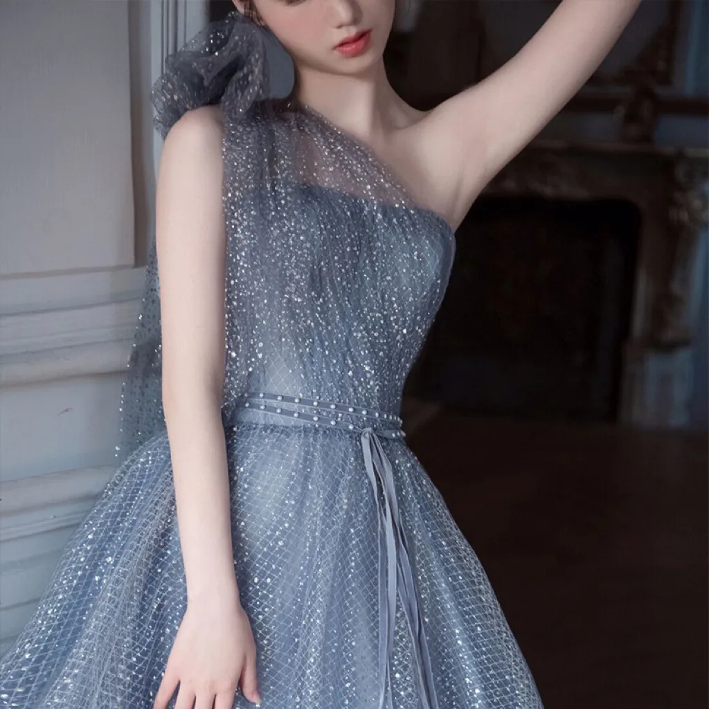 Bling Exquisite Prom Dresses Haze Blue Glitter Sequin Backless One Shoulder Bow A Line Tulle Plaid Beading Evening Gray Party Gowns