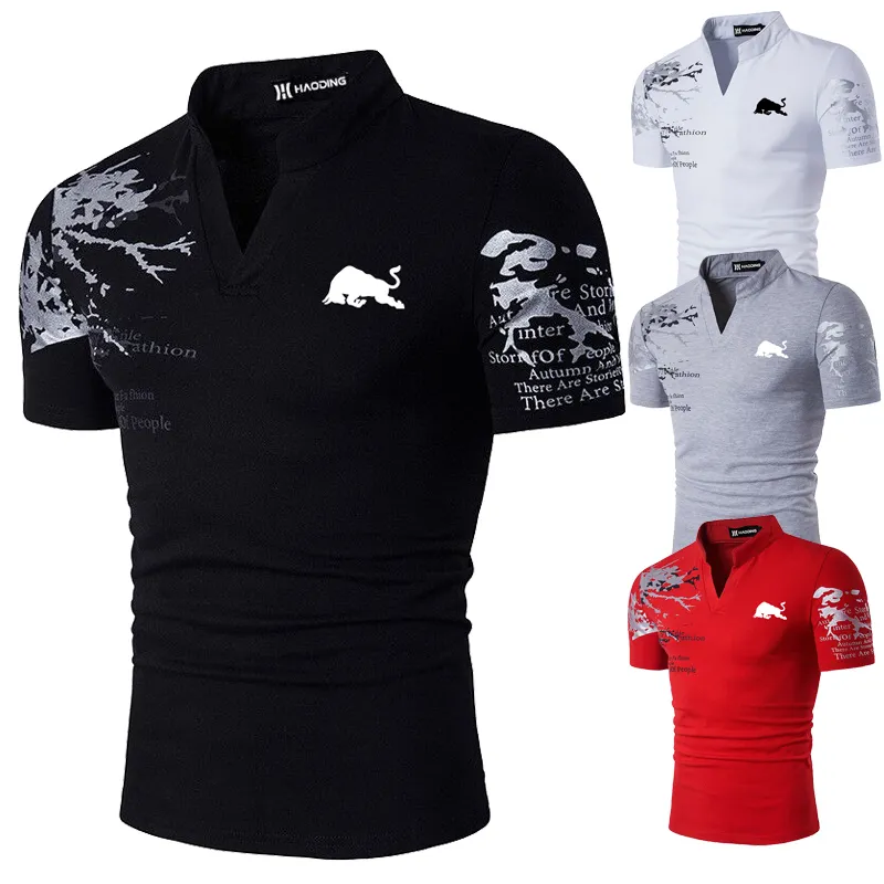 Mens TShirts Fashion Short Sleeve Black and White Bull Print Stand Collar Polo T Shirt 230321