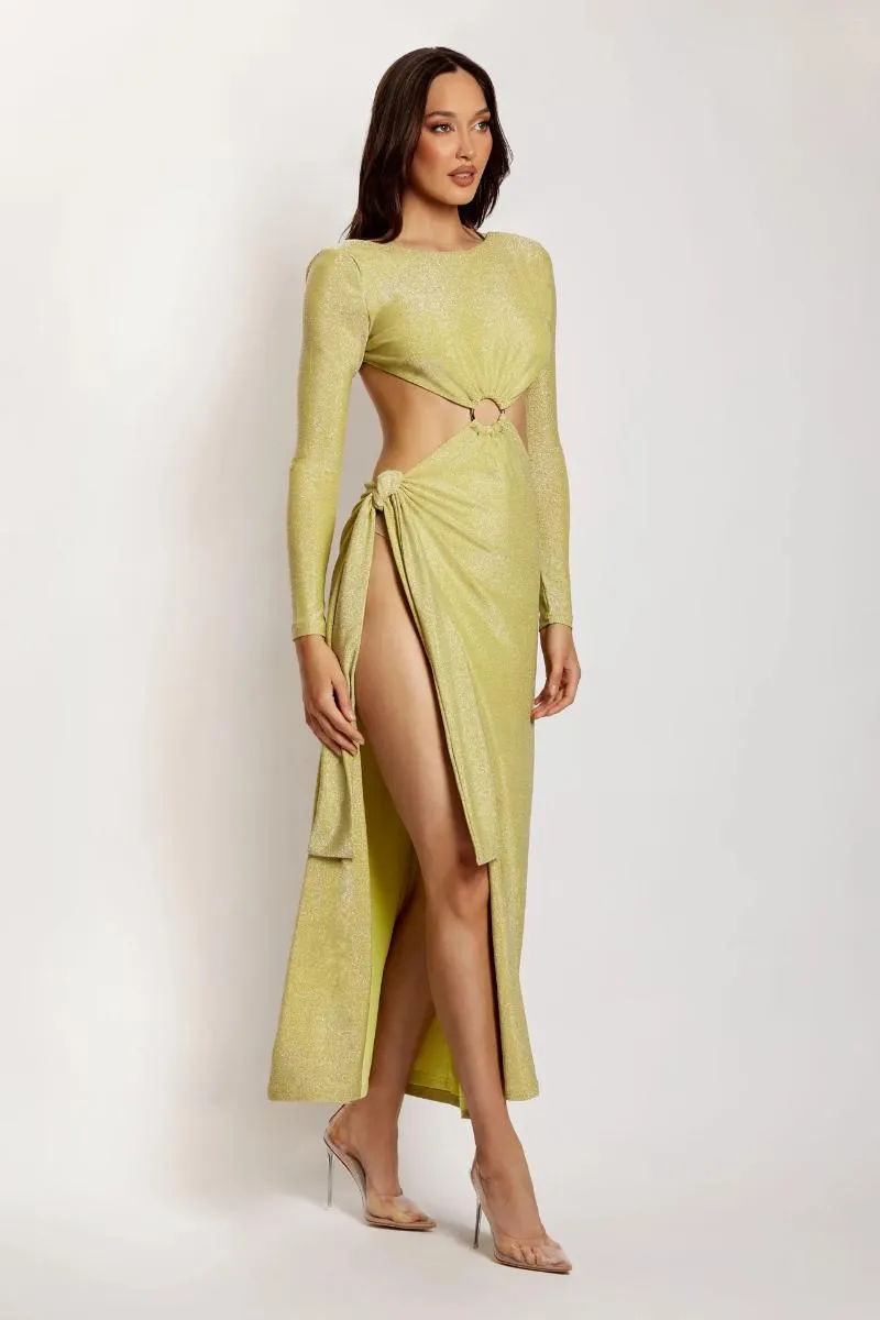 Robes décontractées automne brillant jaune couleur femme Sexy dos nu haute fendue robe de soirée célébrer fête vacances Besch Style